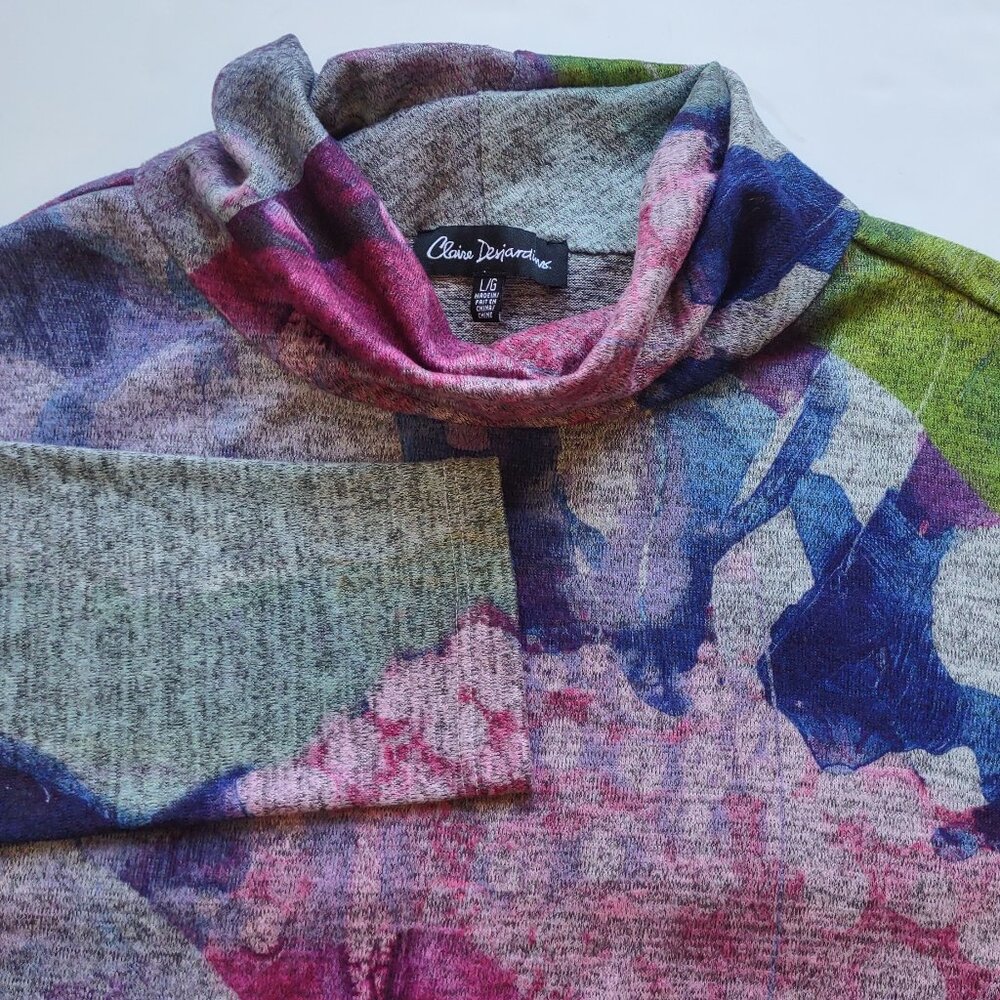 Claire Desjardins Cowl Neck Tunic Top Artsy Watercolor Abstract Florals Sz Large - Picture 5 of 8